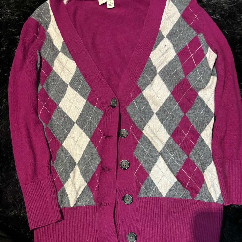 Banana Republic Argyle Cardigan - Magenta and Gray